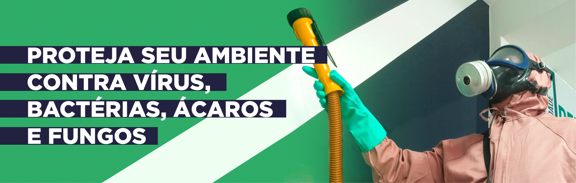 Profissional da Klin realizando sanitização em empresa - texto: proteja seu ambiente contra vírus, bactérias, ácaros e fungos