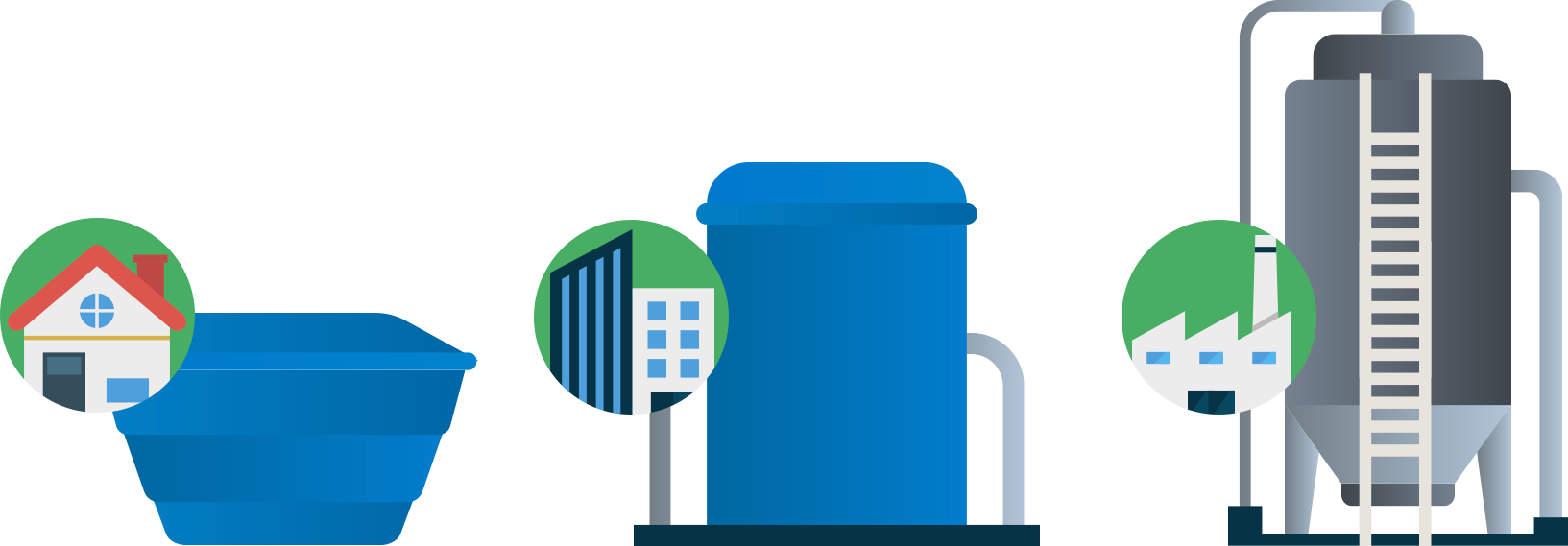 Ilustração de caixa d’água pequena para residências, média para prédios e grande para fábricas e indústrias